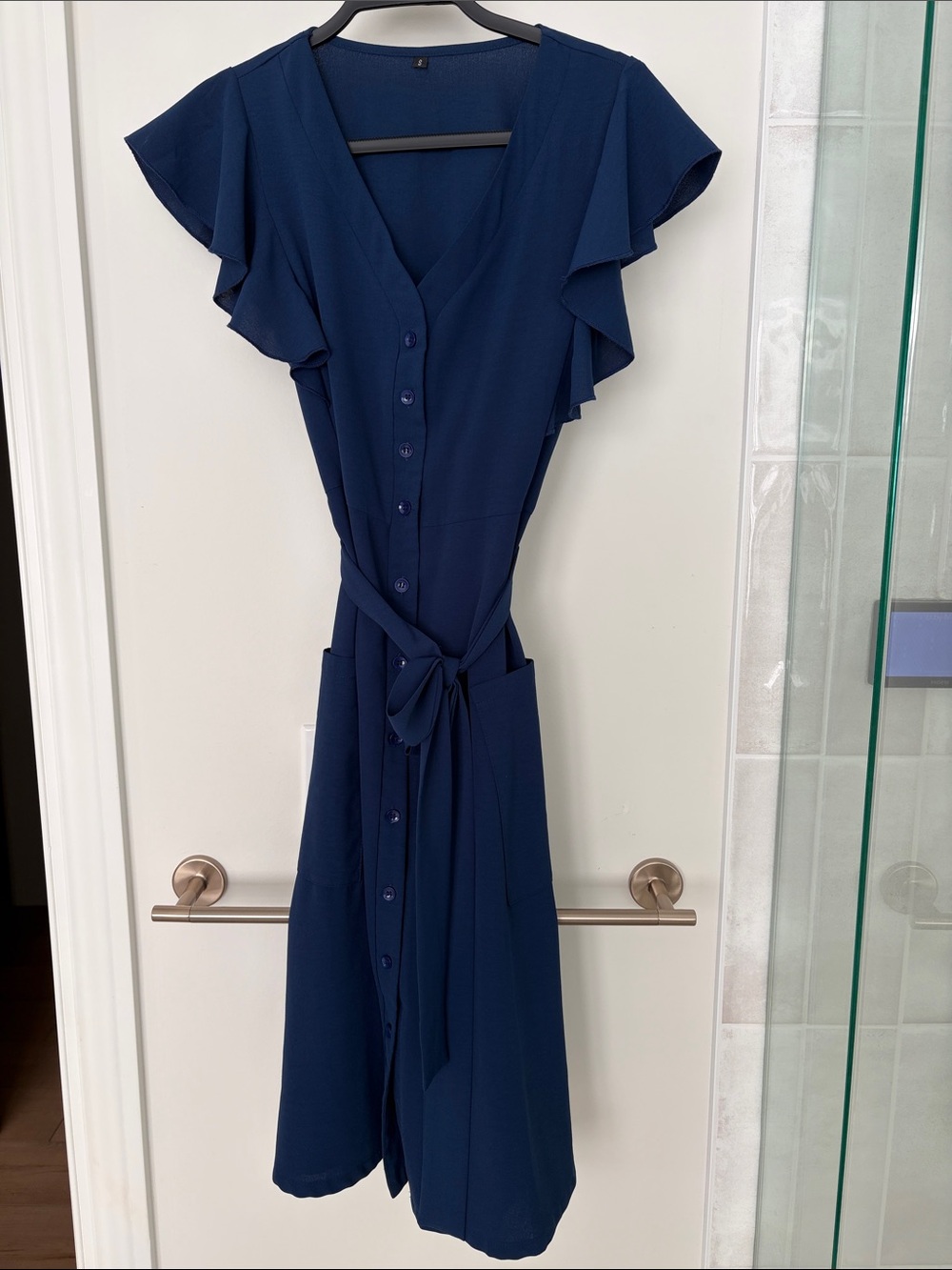 Navy Flutter Sleeve Button-Front Dress with Waist Tie